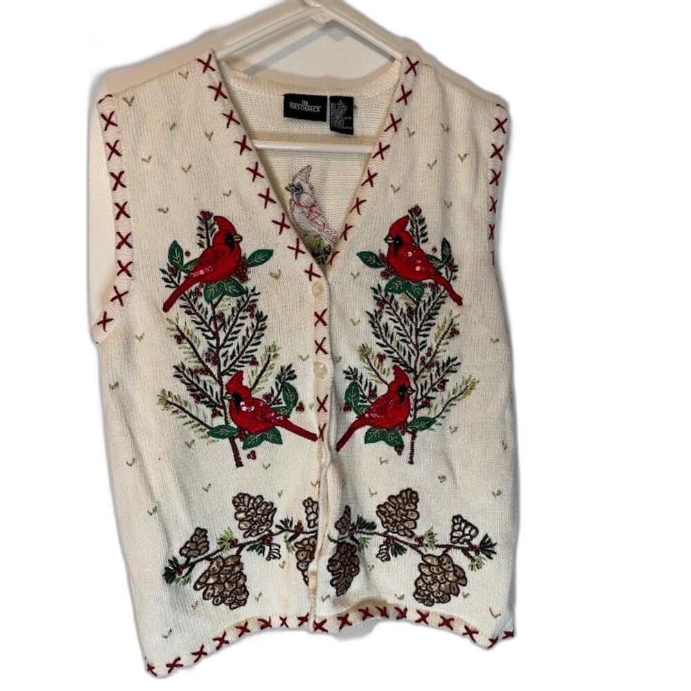 In Resource Cottagecore Grannycore Cardinal Embroidered Beaded Vest Cream Red L